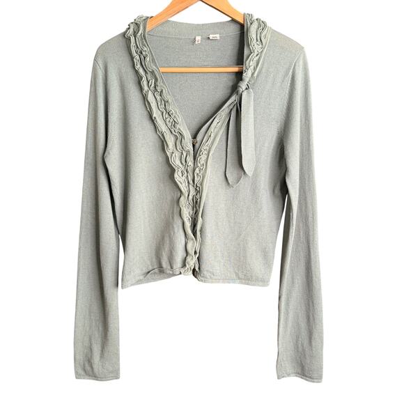 MOTH | Anthropologie Sage Green Wool Cotton Silk Ruffle Trim Cardigan | Large - Picture 1 of 6
